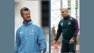 Toby Radford in West Indies training gear and Robert Ahmun in England cricket team attire, both during coaching sessions.