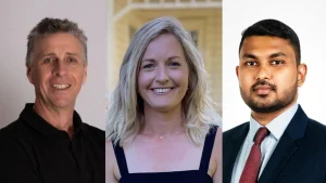 Portraits of Troy Cooley, Anna Rouse, and Gihan de Silva, members of a cricket development and coaching team