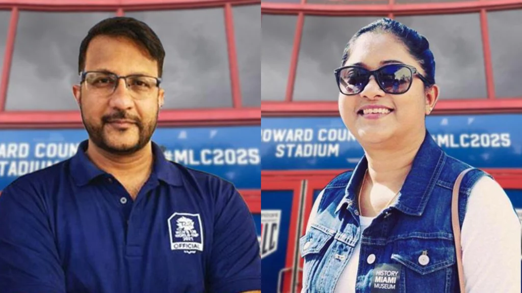Vinny Kumar and Rashmi Prabhakar Kumar at Howard County Stadium during MLC 2025 event, posing in front of the venue signage