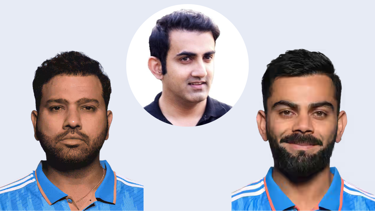 Indian cricketers Virat Kohli and Rohit Sharma in team jerseys with Gautam Gambhir in a circular frame above them, representing Indian cricket leadership and legacy.