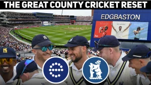 Warwickshire players celebrate at Edgbaston Stadium during a county cricket match, with the crowd and banners promoting “The Great County Cricket Reset”.