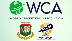 Logos of the World Cricketers’ Association (WCA), Bangladesh Cricket Board (BCB), and ICC Men’s T20 World Cup 2026 hosted by India and Sri Lanka.
