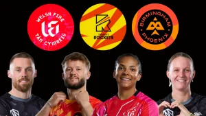 Phil Salt, Ben Duckett, Lauren Filer, and Sophie Dunkley pictured with team logos of Welsh Fire, Trent Rockets, and Birmingham Phoenix from The Hundred competition.