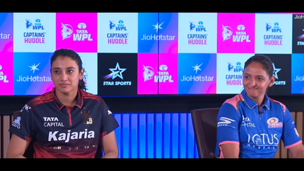 Smriti Mandhana and Harmanpreet Kaur during the WPL 2026 Captains' Huddle press event