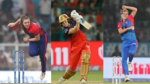 Women’s Premier League 2026 players in action, featuring a bowler in red and blue, a batter from Royal Challengers Bangalore playing a shot, and another bowler delivering the ball in a packed stadium.