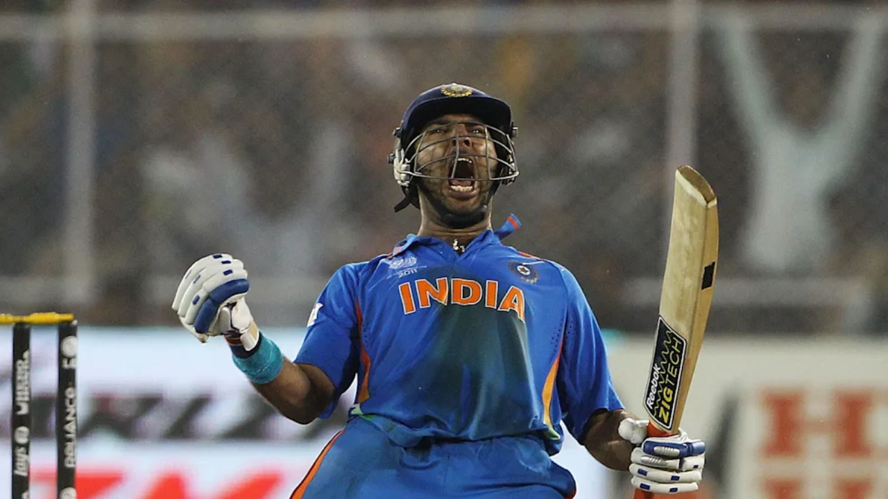 Yuvraj Singh celebrates passionately after a match-winning performance for India during the 2011 Cricket World Cup.