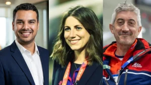Abhinav Shukla, Jess Stapleton and Pete Ambrose in a composite image related to international cricket.