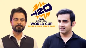 Ahmed Shehzad and Gautam Gambhir alongside the ICC Men’s T20 World Cup 2026 logo for India and Sri Lanka.