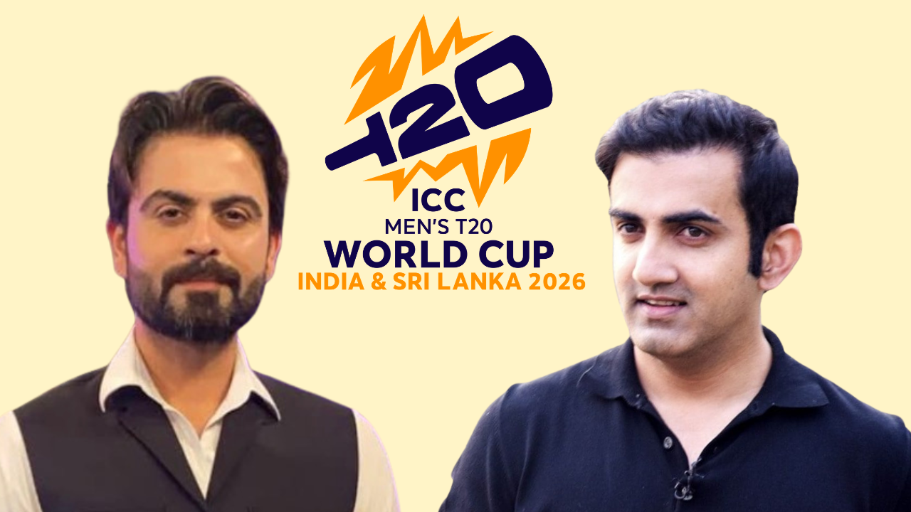Ahmed Shehzad and Gautam Gambhir alongside the ICC Men’s T20 World Cup 2026 logo for India and Sri Lanka.