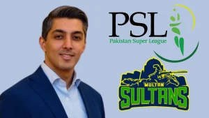 Ali Khan Tareen with Pakistan Super League and Multan Sultans logos on a light blue background