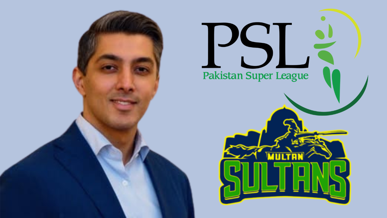 Ali Khan Tareen with Pakistan Super League and Multan Sultans logos on a light blue background