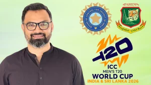 Aminul Haque pictured alongside the BCCI, Bangladesh Cricket Board (BCB) and ICC Men’s T20 World Cup 2026 logos.