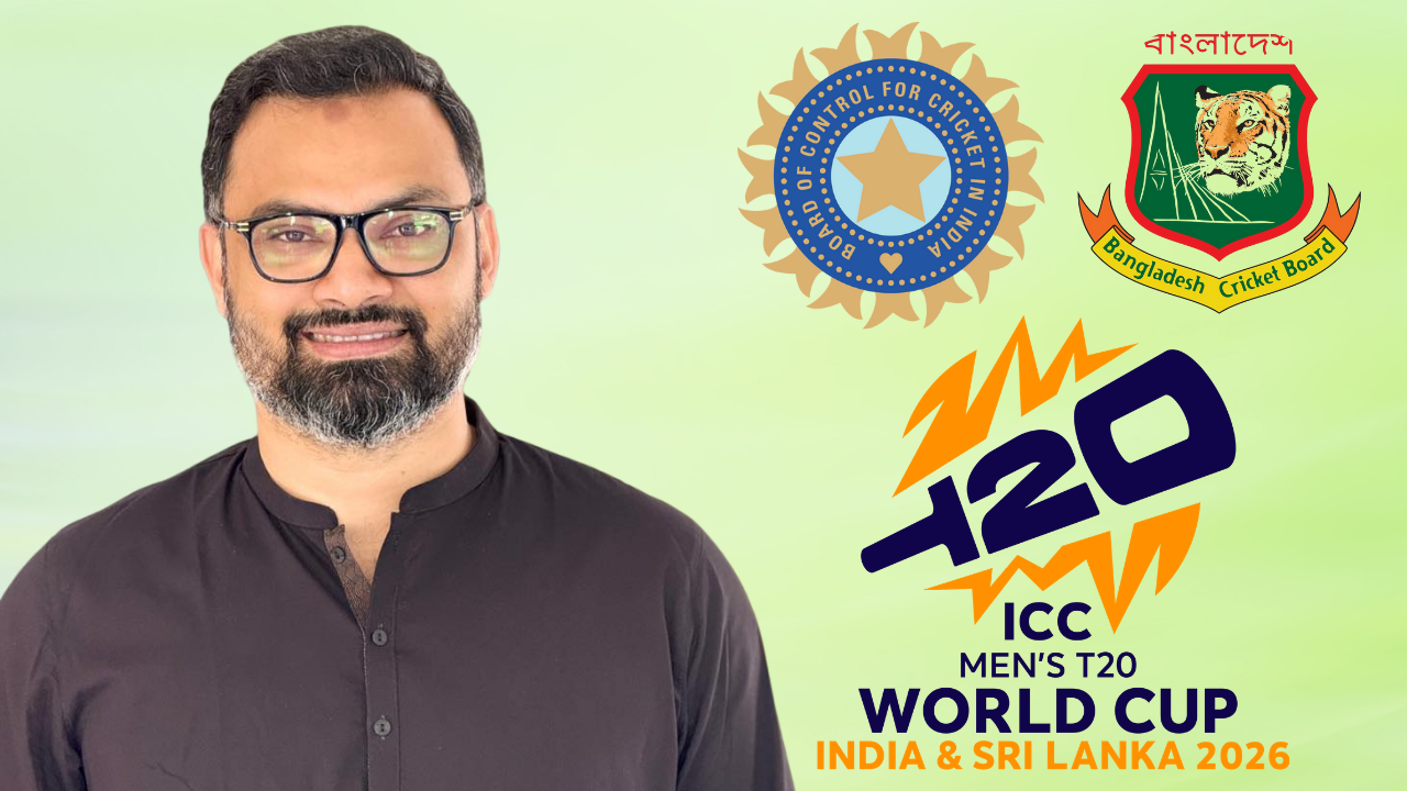 Aminul Haque pictured alongside the BCCI, Bangladesh Cricket Board (BCB) and ICC Men’s T20 World Cup 2026 logos.