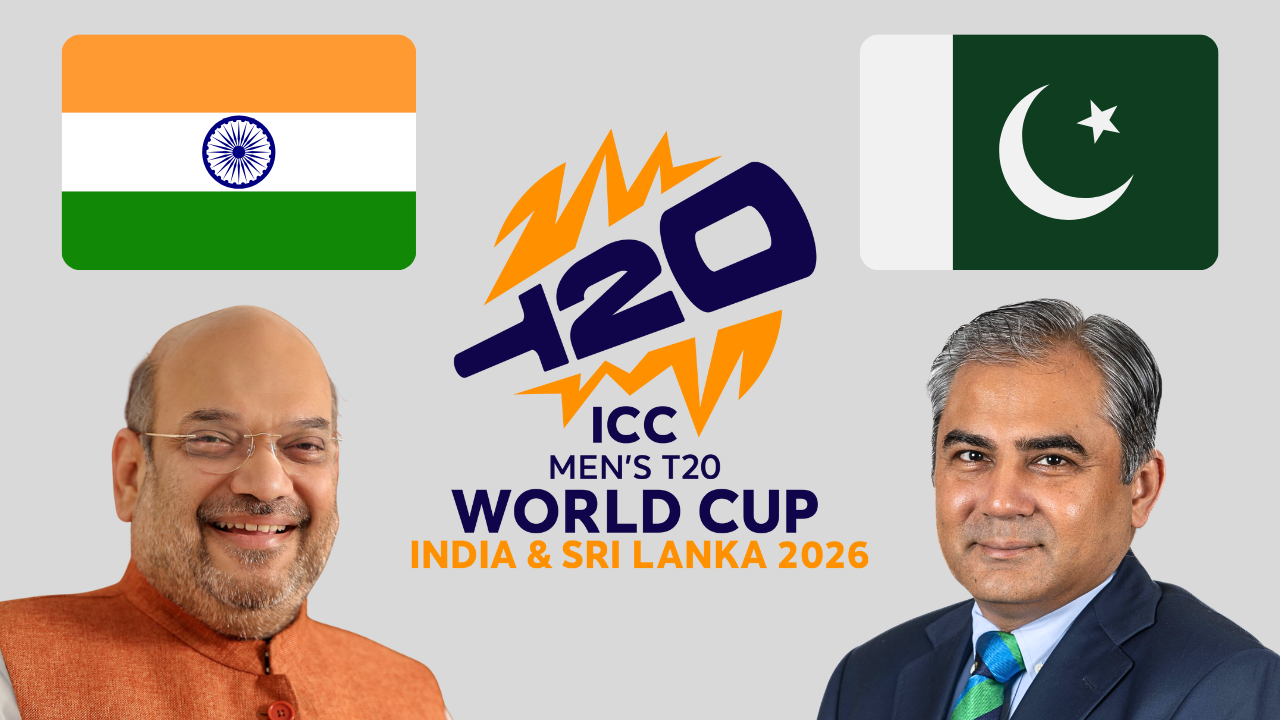 Amit Shah and Mohsin Naqvi featured alongside the ICC Men’s T20 World Cup 2026 logo with the flags of India and Pakistan.