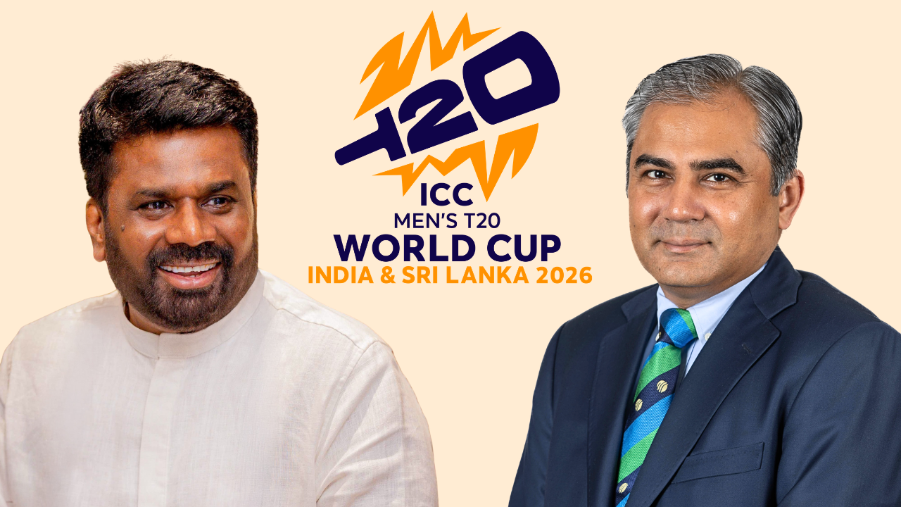 Sri Lanka President Anura Kumara Dissanayake and Mohsin Naqvi pictured alongside the ICC Men’s T20 World Cup 2026 logo for India and Sri Lanka.