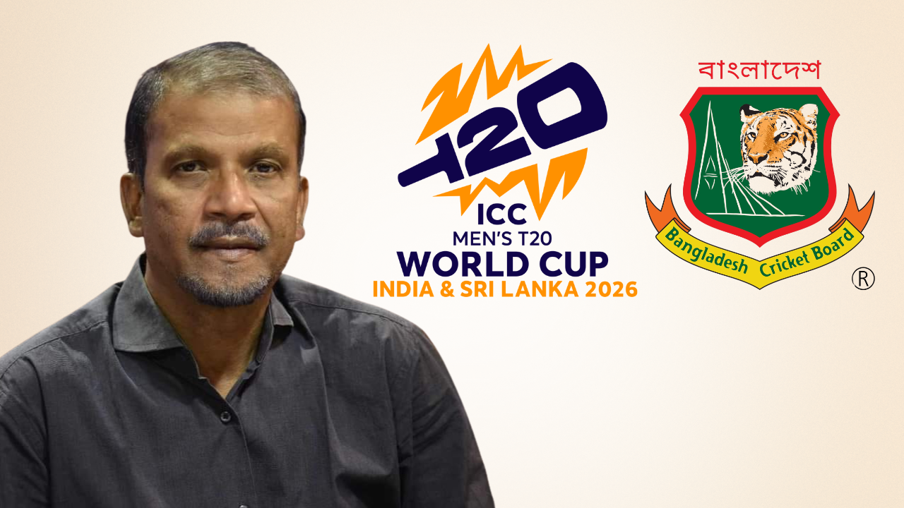 Bangladesh Sports Advisor Asif Nazrul pictured alongside Bangladesh Cricket Board (BCB) logo and ICC Men’s T20 World Cup 2026 India and Sri Lanka logo.