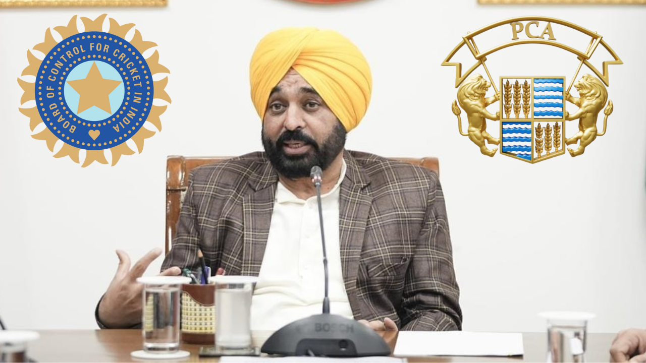 Punjab Chief Minister Bhagwant Mann at a meeting table with PCA and BCCI logos in the background