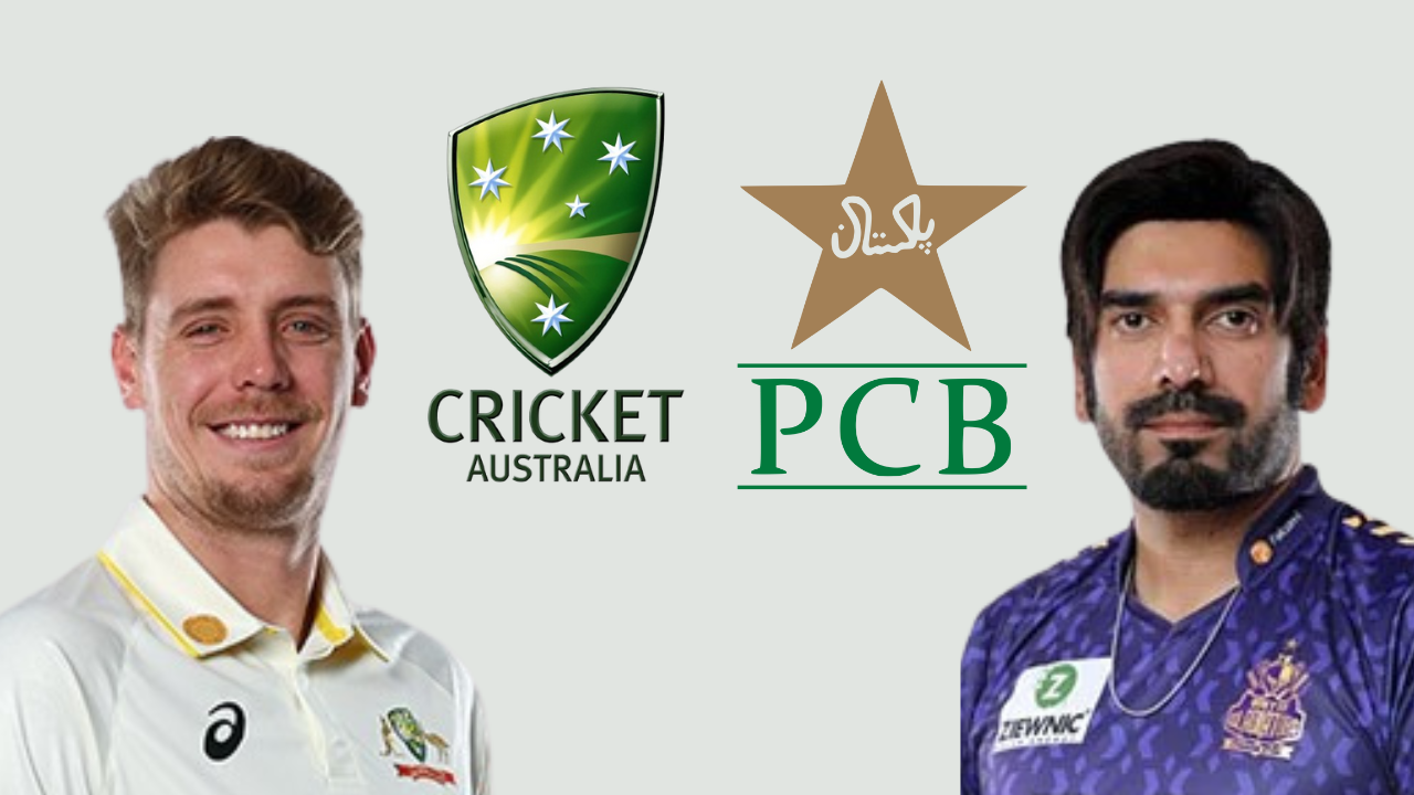 Cameron Green and Usman Tariq alongside logos of Cricket Australia and Pakistan Cricket Board on a light grey background