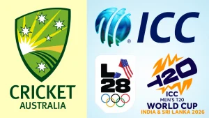 Composite image featuring Cricket Australia logo, ICC logo, LA28 Olympics emblem and ICC Men’s T20 World Cup 2026 India and Sri Lanka logo.