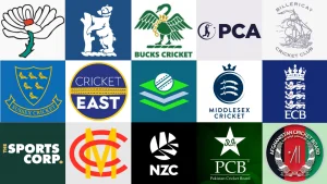 Logos of various cricket boards and county clubs including ECB, PCB, NZC, MCC, ACB, Sussex, Middlesex, and Cricket East