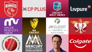 Collage of major cricket brands and organizations including Punjab Kings, CP Plus, Cricket West Indies, Livpure, Maddie Riewoldt’s Vision, WA Cricket, JK Super Cement, LSG, Northern Cricket Union of Ireland, Mercury Security, Rahul Dravid and Colgate.