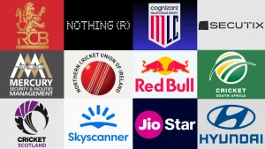Logos of global cricket sponsors and boards including RCB, Nothing, Red Bull, Cricket South Africa, Jio, Hyundai, and more
