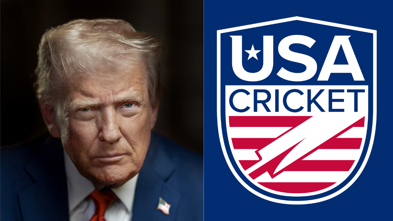 Collage of former U.S. President Donald J. Trump portrait and the USA Cricket logo side by side.