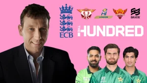 Michael Atherton alongside ECB and The Hundred branding with team logos including Manchester Super Giants, MI London, Sunrisers Leeds and Southern Brave, featuring Pakistan players Shaheen Shah Afridi, Haris Rauf and Naseem Shah.
