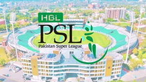 Aerial view of Gaddafi Stadium in Lahore with HBL PSL Pakistan Super League logo overlay.