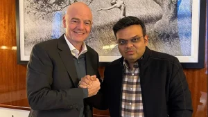 FIFA President Gianni Infantino shaking hands with ICC Chairman Jay Shah during a meeting