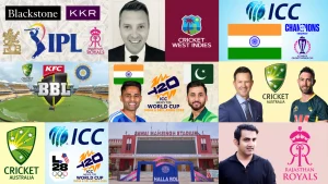 Collage featuring IPL, ICC tournaments, BBL, SA20, Cricket Australia, Rajasthan Royals and ICC T20 World Cup 2026 visuals with international cricket figures and stadium imagery.
