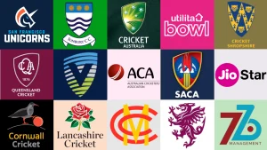 Collage of global cricket organisation and franchise logos including San Francisco Unicorns, Cricket Australia, Queensland Cricket, SACA, Lancashire Cricket and other county and league brands.