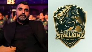 Hamza Majeed pictured alongside the Sialkot Stallionz team logo featuring a rearing horse emblem with “Est. 2026” branding.