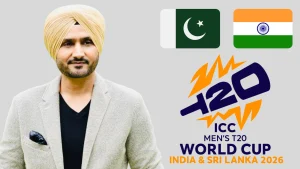 Harbhajan Singh portrait alongside ICC Men’s T20 World Cup 2026 logo with India and Pakistan flags displayed.