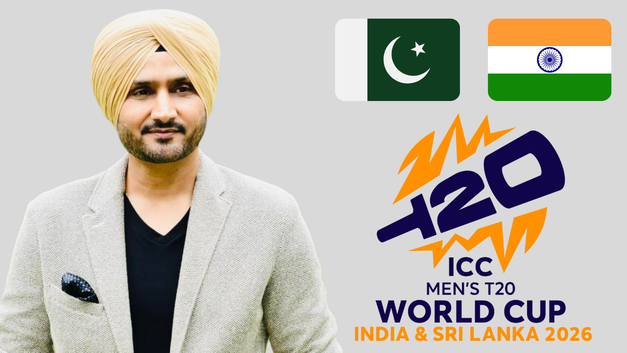 Harbhajan Singh portrait alongside ICC Men’s T20 World Cup 2026 logo with India and Pakistan flags displayed.