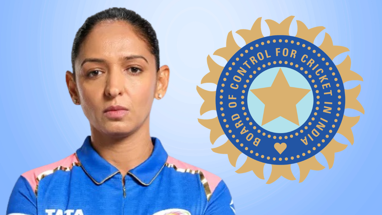 Harmanpreet Kaur portrait alongside the BCCI logo, representing India women’s national cricket team.