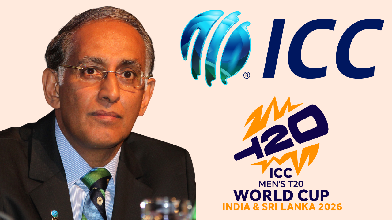 Haroon Lorgat with ICC and ICC Men's T20 World Cup 2026 logos for India and Sri Lanka tournament