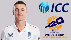 England cricketer Harry Brook with ICC and ICC Men's T20 World Cup 2026 logos for India and Sri Lanka