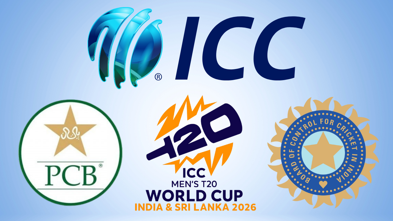 ICC, BCCI, and PCB logos alongside the ICC Men’s T20 World Cup 2026 logo, symbolizing major cricket boards and the upcoming tournament.