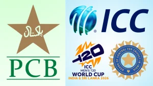 Logos of ICC, PCB, BCCI, and ICC Men's T20 World Cup 2026 hosted by India and Sri Lanka on a split green and blue background