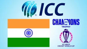 ICC, Champions Trophy and ICC Men’s Cricket World Cup logos displayed alongside the BCCI emblem and the India national flag.