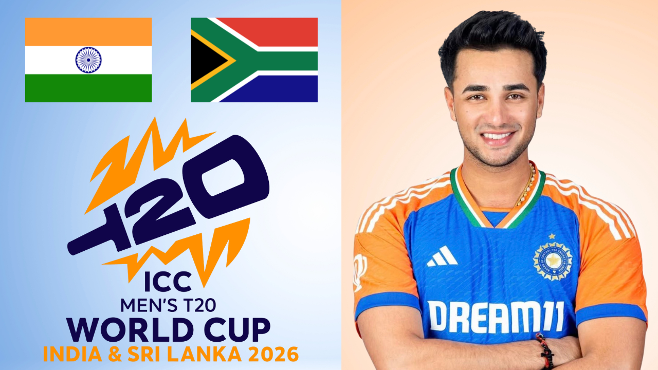 ICC Men’s T20 World Cup 2026 logo with India and South Africa flags and Indian cricketer Abhishek Sharma in team jersey.