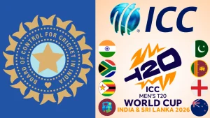 ICC, BCCI and T20 World Cup 2026 logos alongside flags of India, Pakistan, South Africa, Sri Lanka, Zimbabwe, England, West Indies and New Zealand.