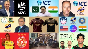 Collage featuring ICC Men’s T20 World Cup 2026 branding, BCCI, PCB and NZC logos, PSL and USA Cricket logos, Hyderabad Kingsmen jerseys, and multiple cricket personalities in related graphics.