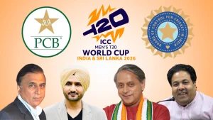 BCCI and PCB logos alongside ICC Men's T20 World Cup 2026 logo with Sunil Gavaskar, Harbhajan Singh, Shashi Tharoor, and Rajeev Shukla on orange background