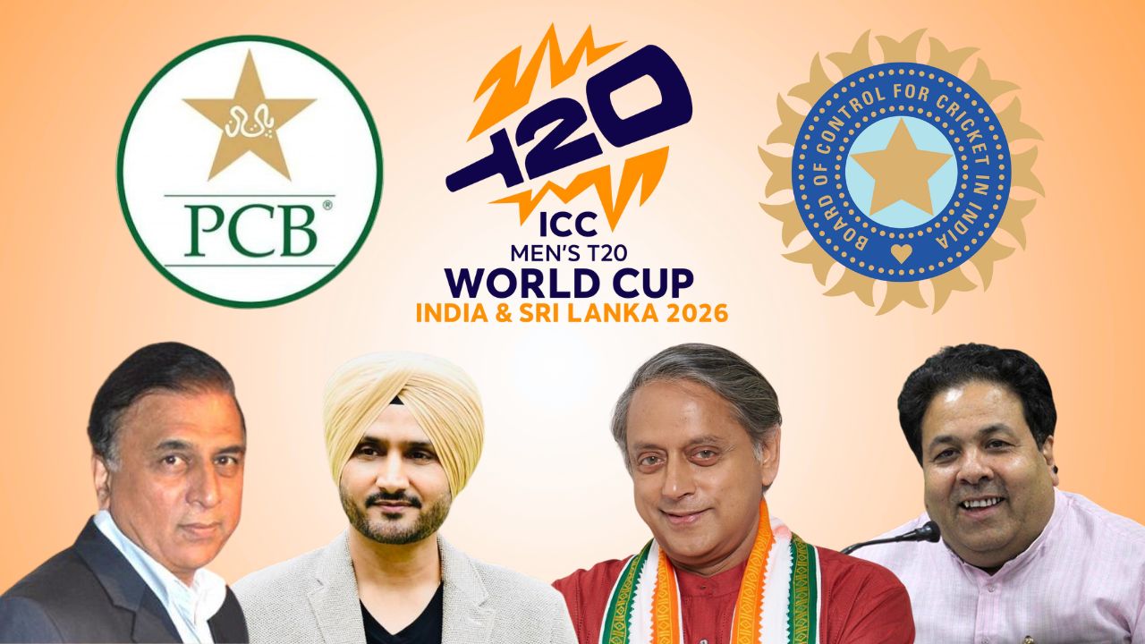 BCCI and PCB logos alongside ICC Men's T20 World Cup 2026 logo with Sunil Gavaskar, Harbhajan Singh, Shashi Tharoor, and Rajeev Shukla on orange background