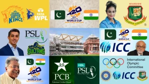 Collage of cricket board logos, franchises, and key personalities related to ICC T20 World Cup 2026, including BCCI, PCB, ICC, Chennai Super Kings, PSL, and Bangladesh Cricket Board
