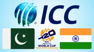 ICC Men's T20 World Cup 2026 logo with ICC emblem and national flags of India and Pakistan on blue background
