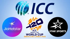 ICC logo alongside JioHotstar, Star Sports, and ICC Men’s T20 World Cup 2026 India and Sri Lanka logos in promotional graphic.