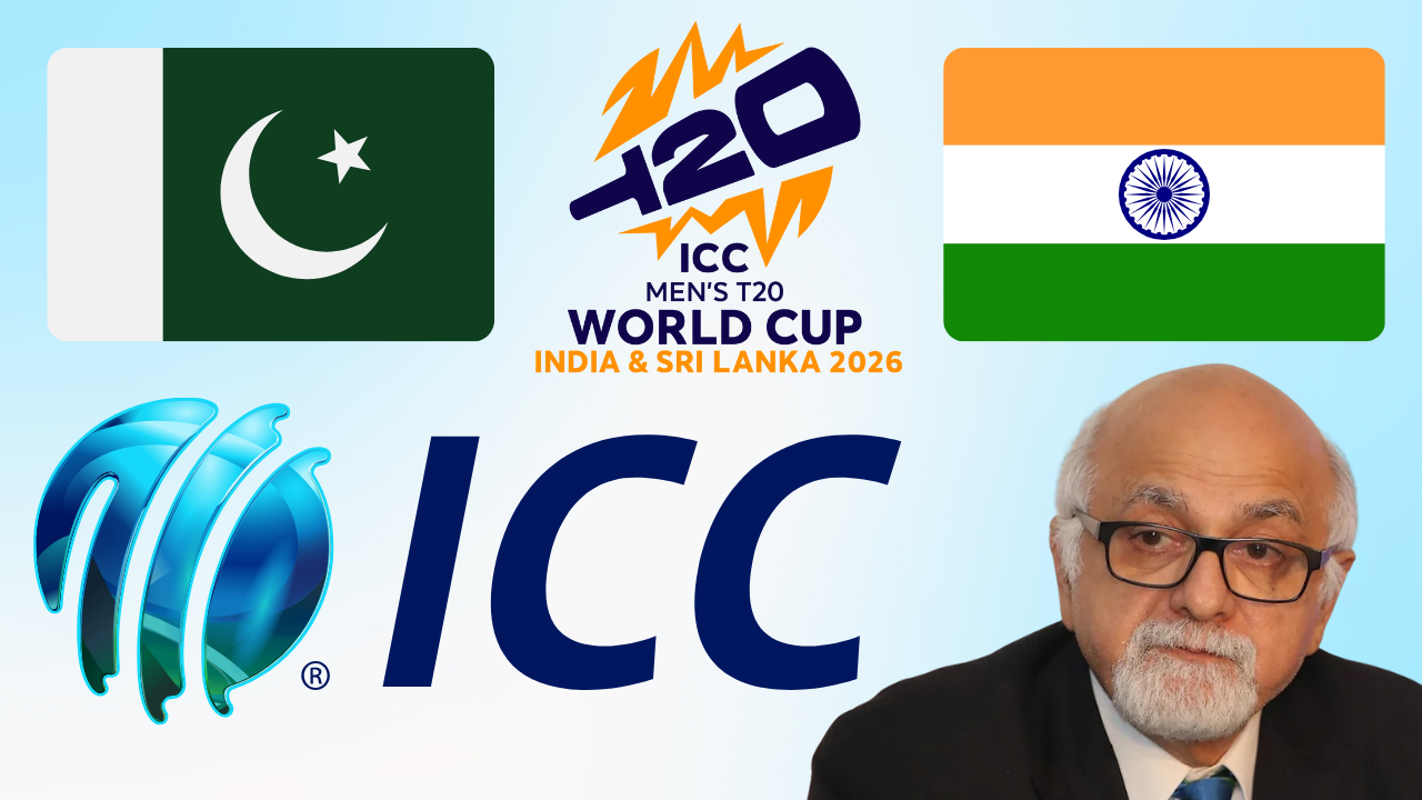 ICC Vice President Imran Khawaja with ICC and T20 World Cup 2026 logos, alongside Indian and Pakistani flags